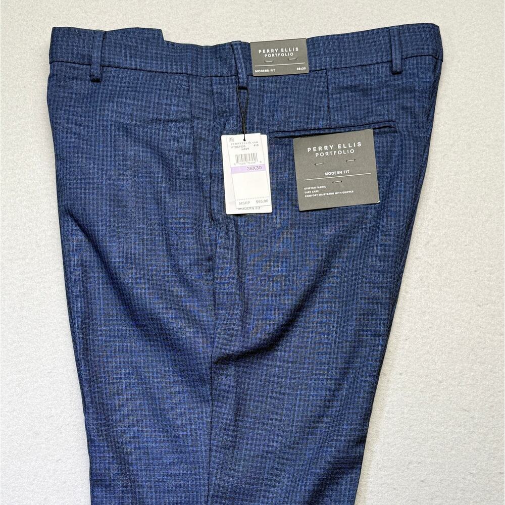 Perry Ellis Portfolio Men's Modern-Fit Dress Pant Tonal Grid Paid Navy 38x30 $95